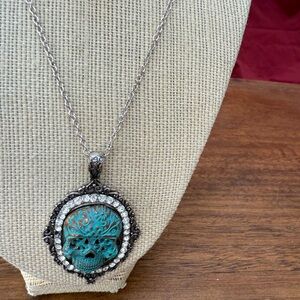 Silver and Turquoise Skull Pendant Necklace